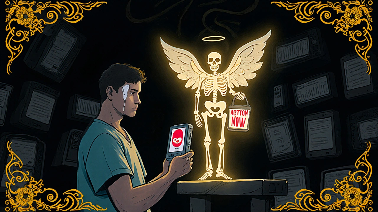 A man sees a glowing skull warning from his glucose monitor, while a skeletal angel emerges with an &#039;Action Now&#039; lantern.