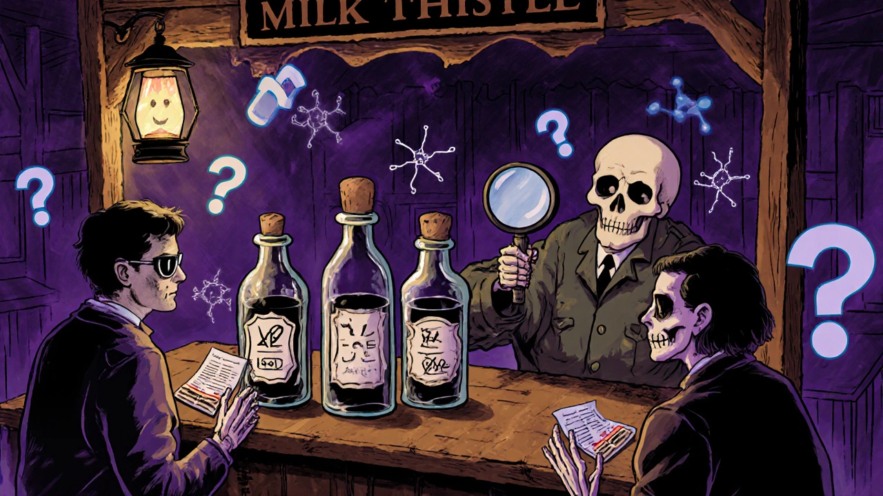 A marketplace with unlabeled milk thistle bottles and a skeptical inspector under glowing lantern light.