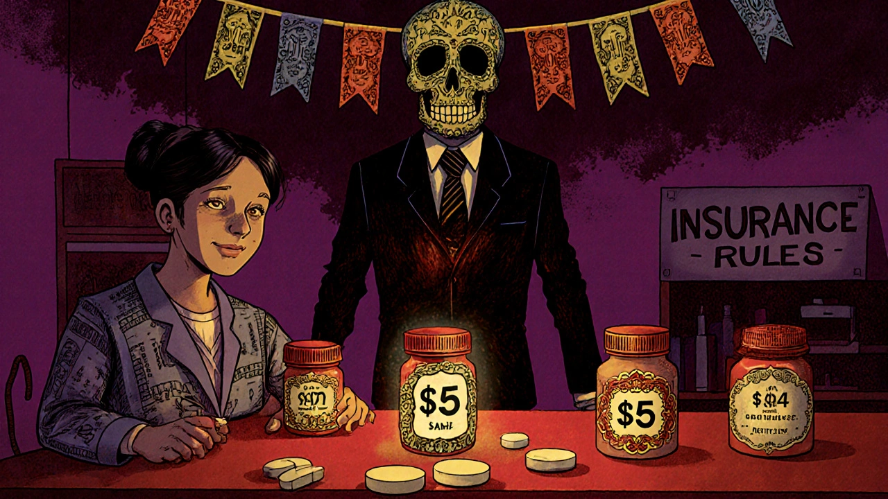 A patient faces three cheap pills versus one expensive combo pill, with a shadowy insurance figure looming behind.