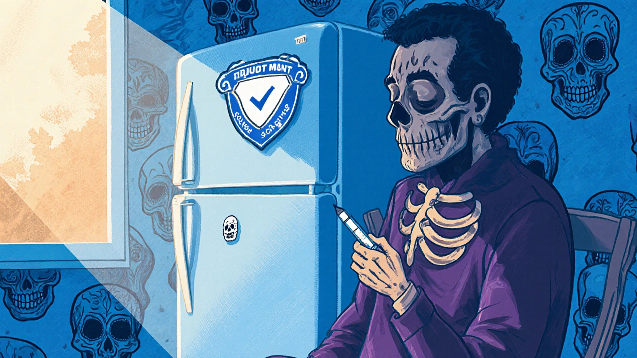 A patient holds an insulin pen beside a fridge with a skull sticker, glowing FDA badge above, warm and cool tones blending in a kitchen scene.