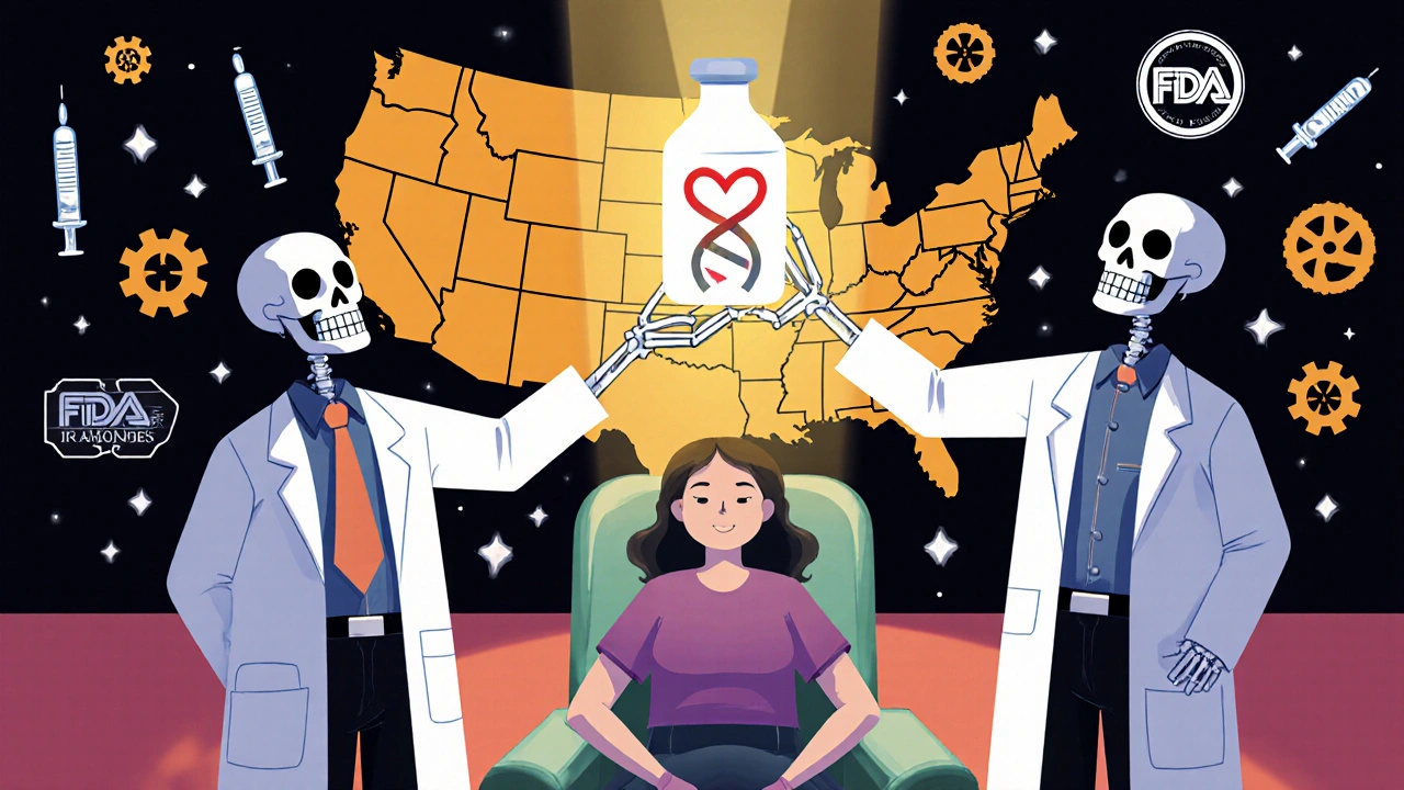 A patient receives a biosimilar vial as skeletons explain its science with glowing marigold symbols and a map of U.S. states lit in gold.