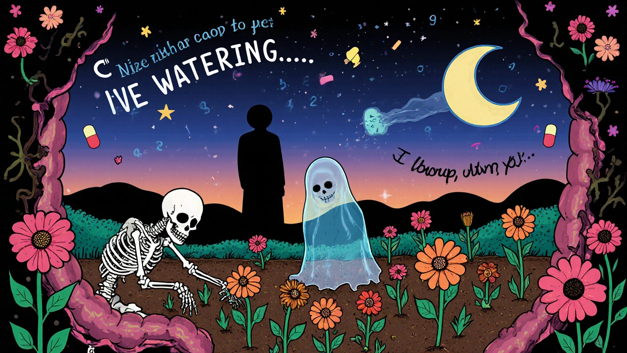 A peaceful colon garden with probiotic skeletons tending marigolds, while a fading antibiotic ghost recedes under a capsule-shaped moon.