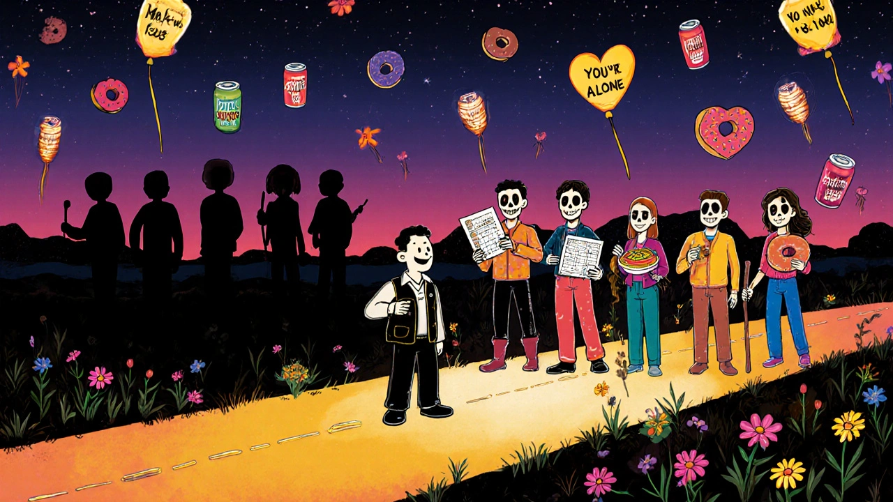 A person chooses a path toward connection, guided by a kind skeleton figure amid marigolds and lanterns.