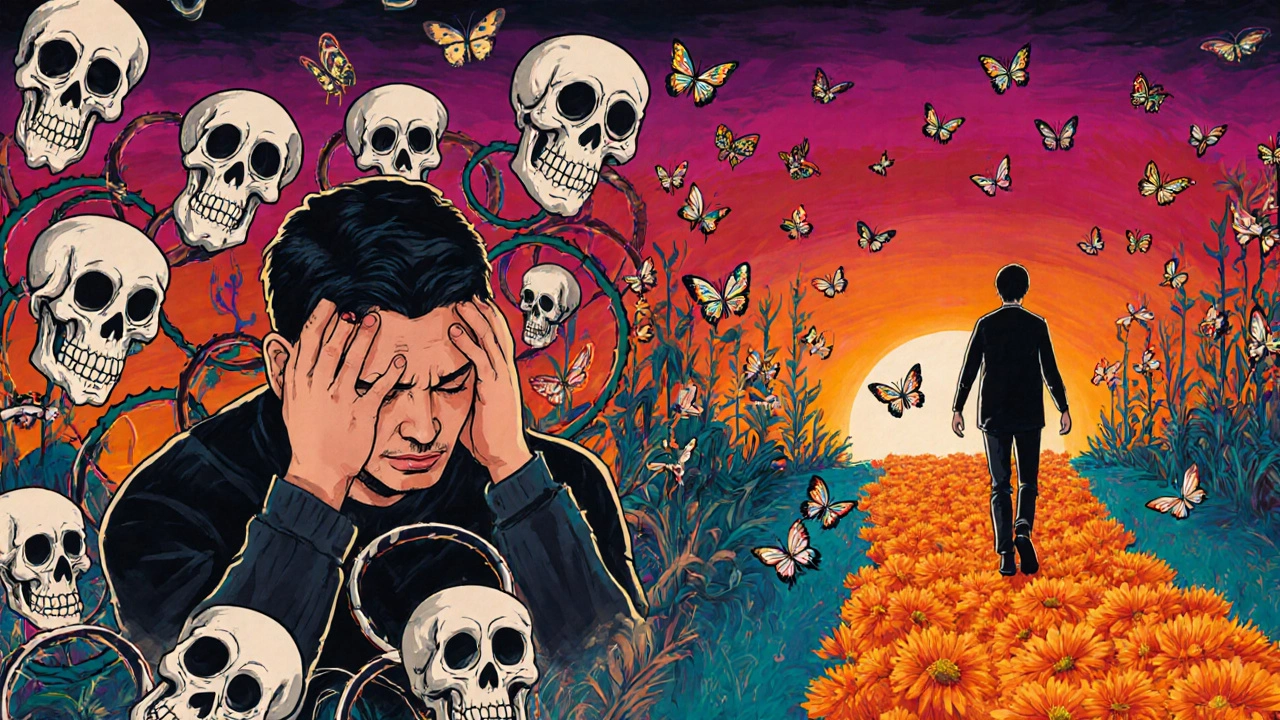 A person walking peacefully as tinnitus becomes harmless skeleton butterflies, contrasted with earlier distress in a marigold-path timeline.