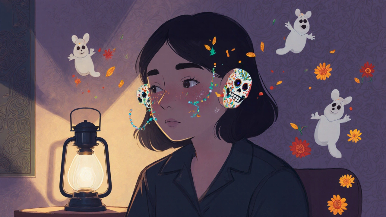 A person wearing ornate sound generators as alebrijes, surrounded by dissolving skull-rings turning into marigold petals.