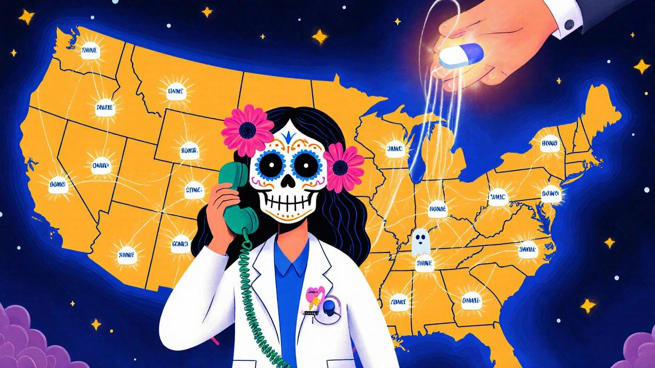 A pharmacist with a floral skull mask connects patient homes with glowing medication threads on a U.S. map.
