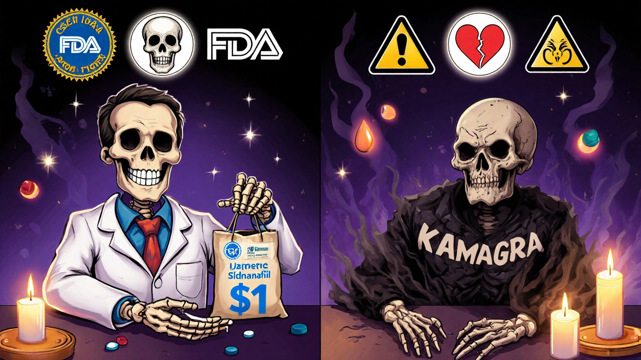 A safe generic pill next to a crumbling fake Kamagra tablet, depicted as an altar with glowing FDA seals and warning symbols.