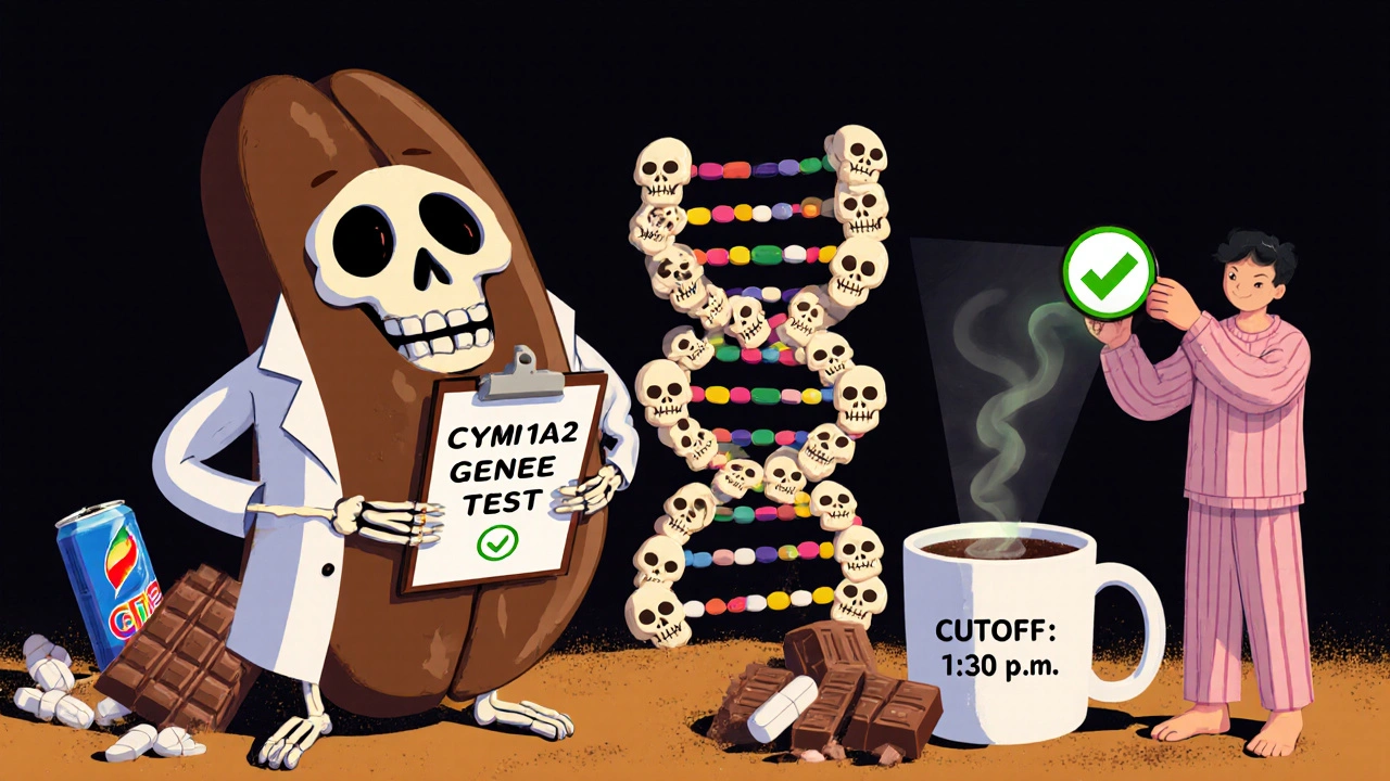 A skeletal coffee bean with a lab coat holding a gene test, beside a person checking a smart ring with a green cutoff confirmation.