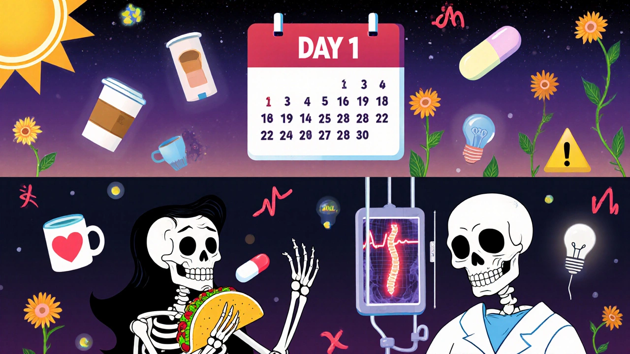 A skeleton enjoying OTC meds on one side, and receiving prescription treatment on the other, with symbolic medical icons floating around.