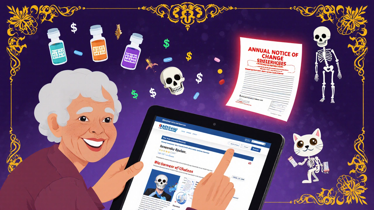 An elderly person uses a tablet to compare drug plans, with animated icons of pills and pharmacies, in a colorful Day of the Dead style illustration.