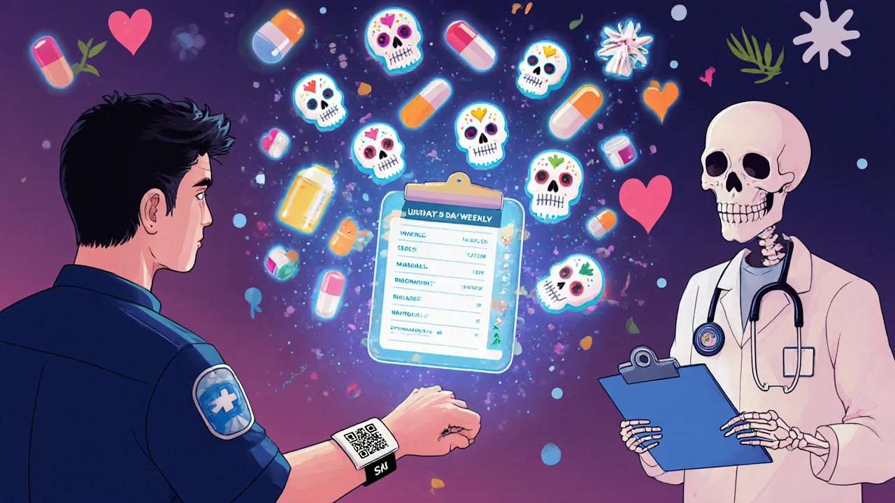 An emergency scene with a QR code scanning into a hologram of medication details in Day of the Dead style.