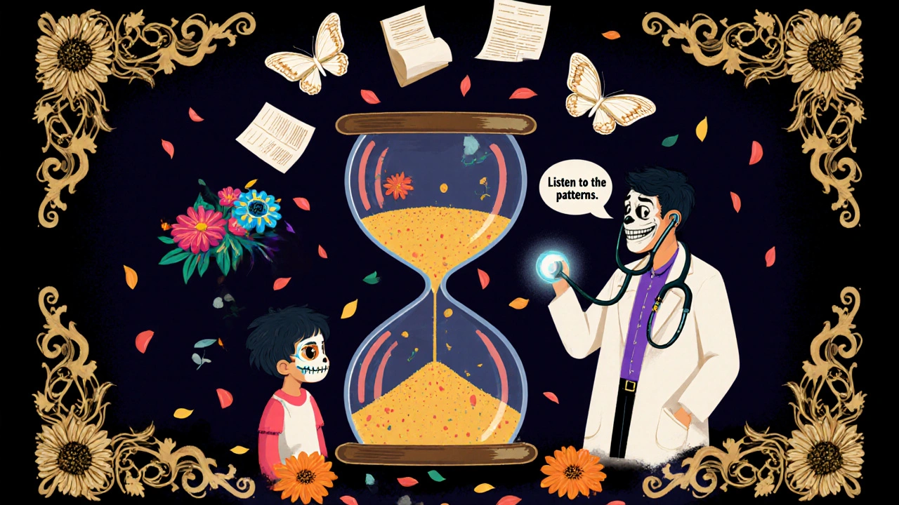 An hourglass draining into a child’s chest as immune cells crumble, with medical reports as butterflies in Day of the Dead style.