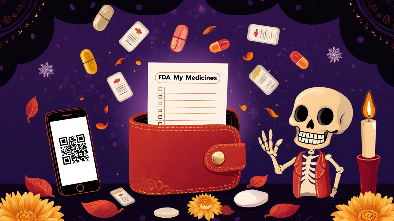 An open wallet with a printed medication list and glowing QR code surrounded by pill labels.