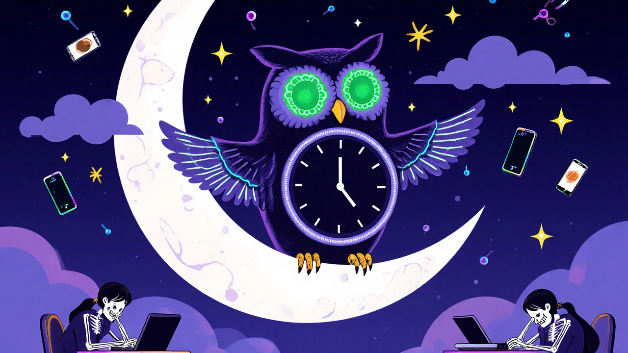 An owl-skull perched on a crescent moon clock, surrounded by glowing tech and caffeine symbols.
