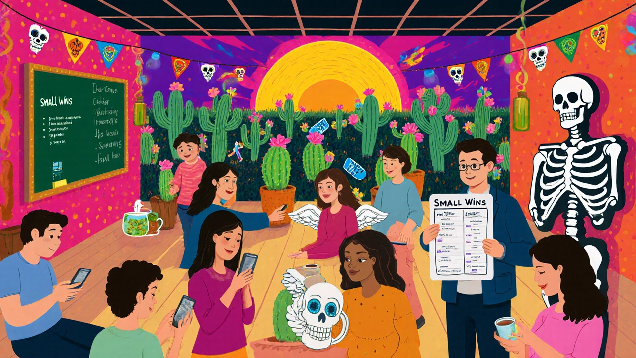 Community members gather in a colorful room, celebrating small wins with food, charts, and supportive hugs.