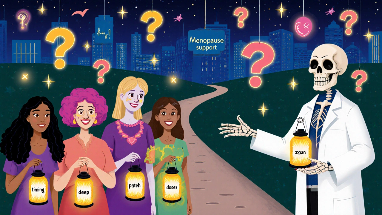 Diverse women holding lanterns for timing and dose, guided by a skeletal doctor toward a path of heartbeats and sleep fireflies.