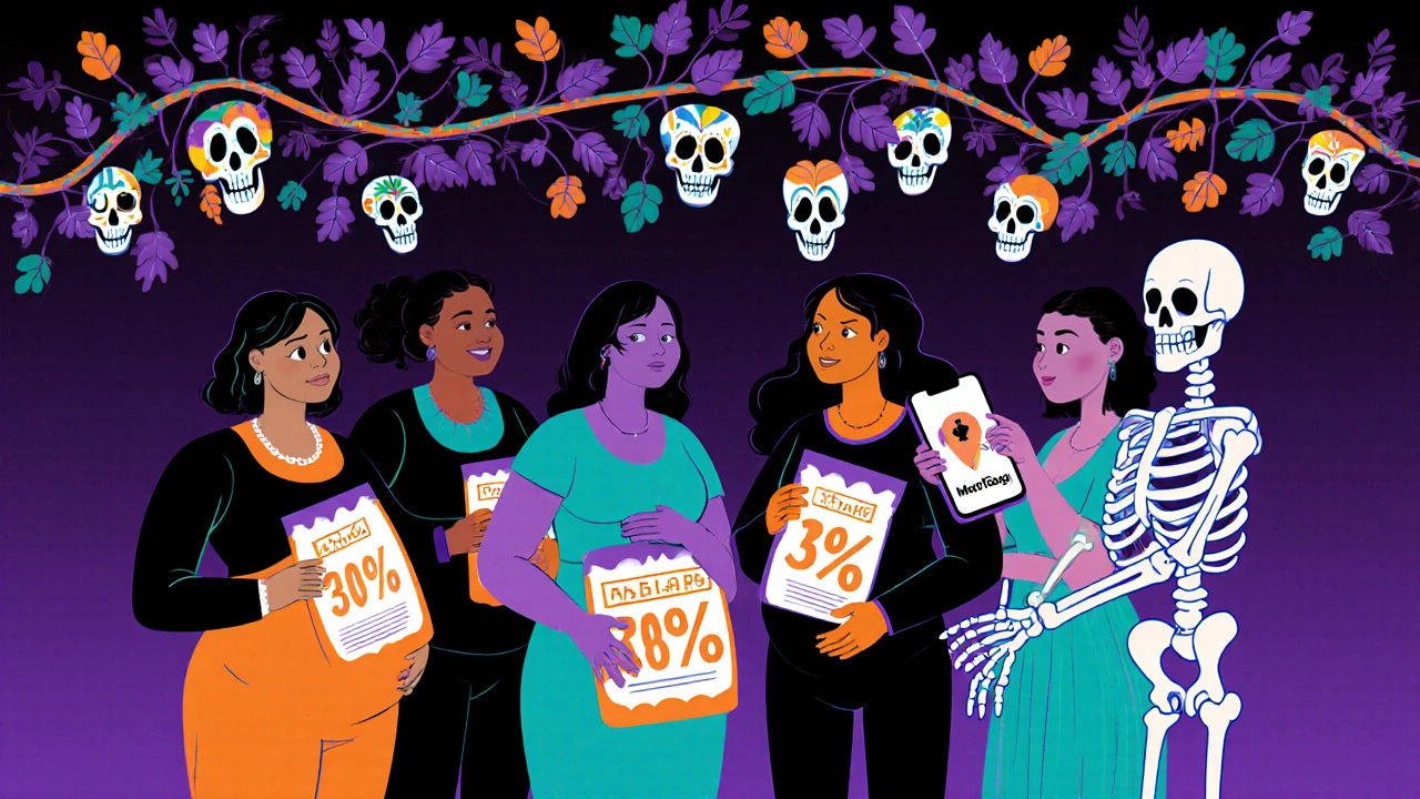 Diverse women under a canopy of glowing skulls, holding drug labels that become vines with infant shapes, consulting a skeletal expert in vibrant colors.