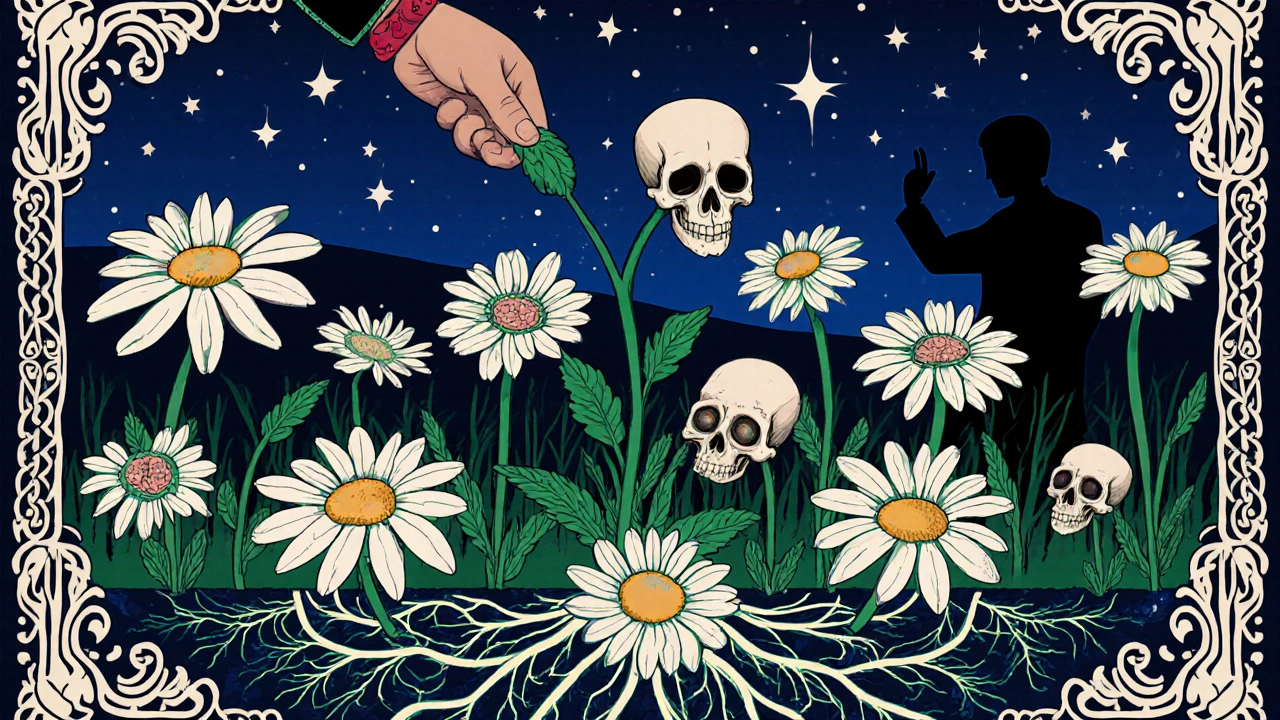 Garden of feverfew flowers whose petals become skulls, roots forming a calming brain map under a starry night.