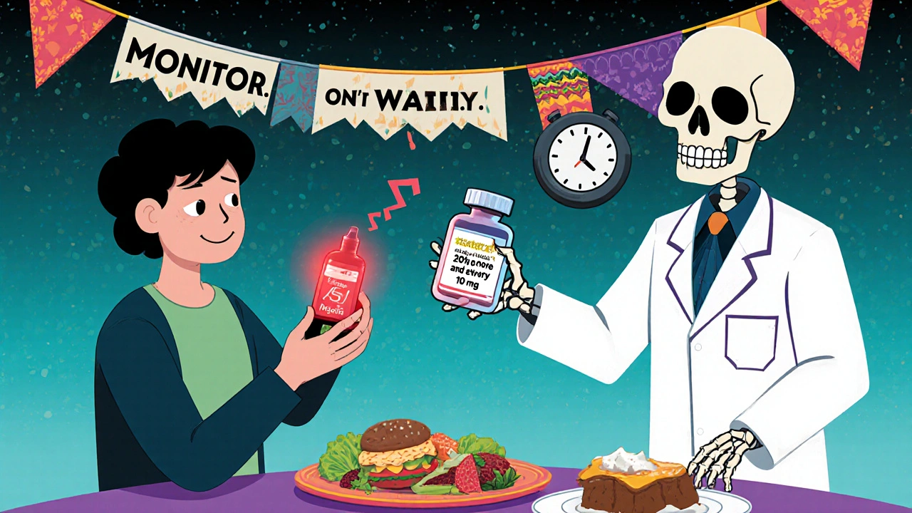 Patient checking glucose monitor as skeleton doctor offers insulin, healthy food beside discarded sweets.