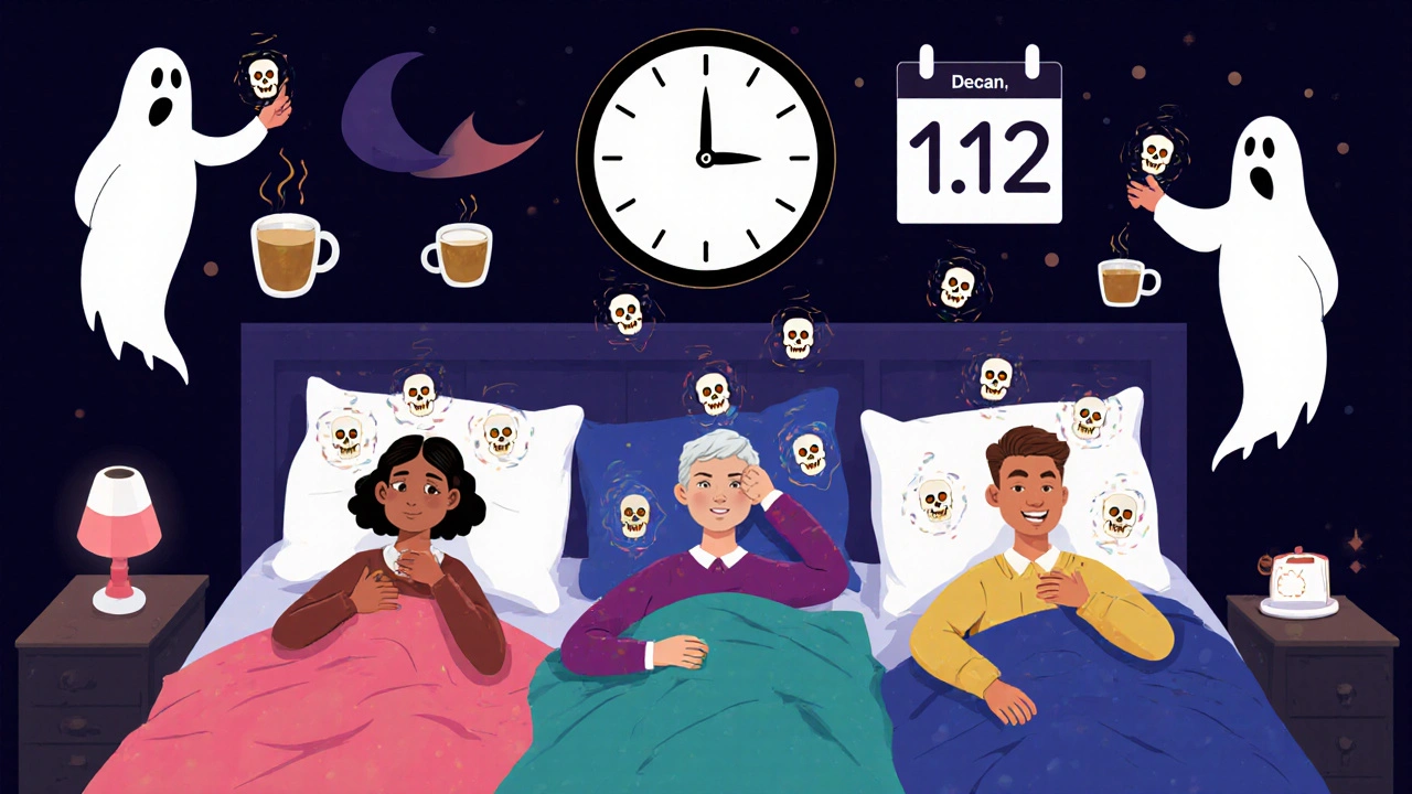 People in bed at night surrounded by caffeine sugar skulls, with a clock showing 10 p.m. and a reminder of the 1:12 p.m. cutoff.