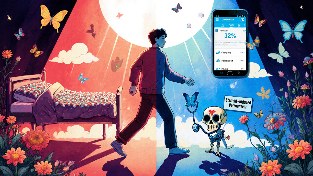 Person walking from hospital to garden as sugar clouds become butterflies, symbolizing temporary steroid diabetes.