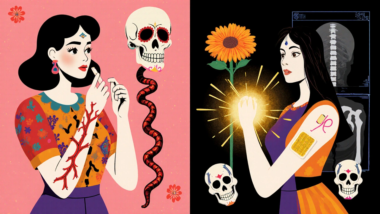 Side-by-side: one woman at risk from oral pills, another protected by a patch, with sugar skull doctors and blooming bone health symbols.