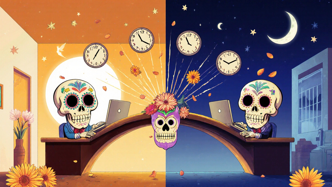Split scene of lark and owl skulls in matching workspaces, connected by light and sleep cycles.