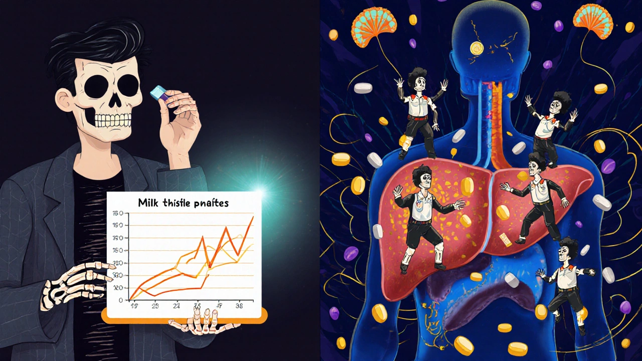 Split scene showing milk thistle slowing then speeding up drug metabolism with glowing charts and fading pills.