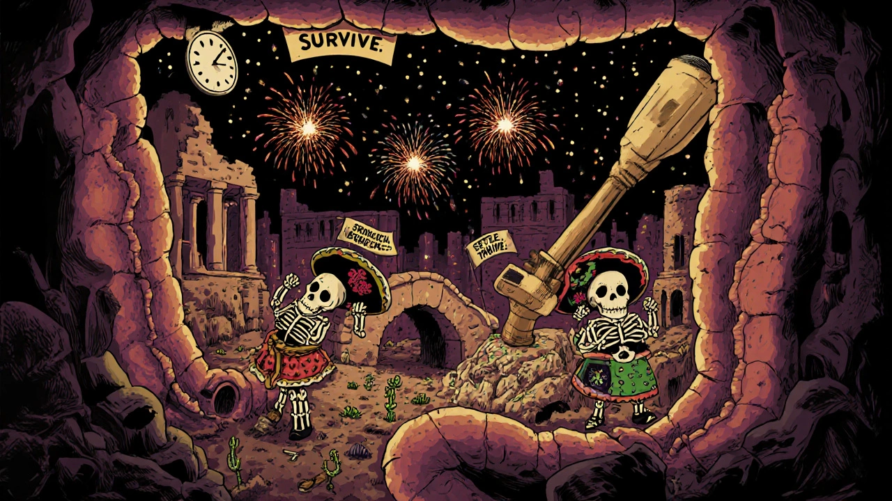 Underground gut city with probiotic skeletons planting seeds while a frozen antibiotic sledgehammer hovers above, under a &#039;2 hours&#039; clock.