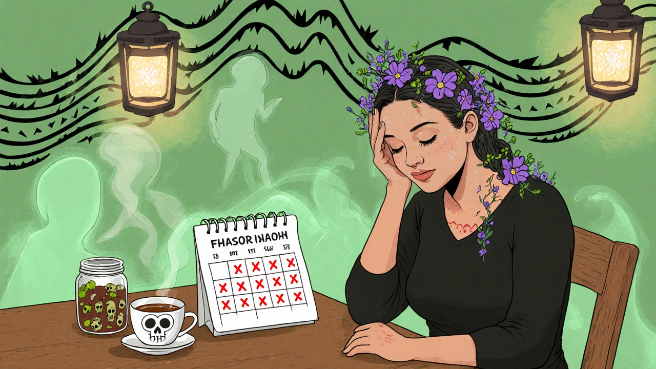 Woman with feverfew hair, dissolving migraine waves turning to green light, herbal extract jar and calendar showing fewer headaches.