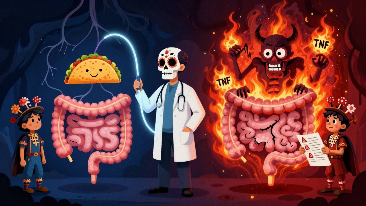 A colonoscope revealing two worlds: peaceful IBS gut vs. fiery IBD inflammation, in Day of the Dead cartoon style