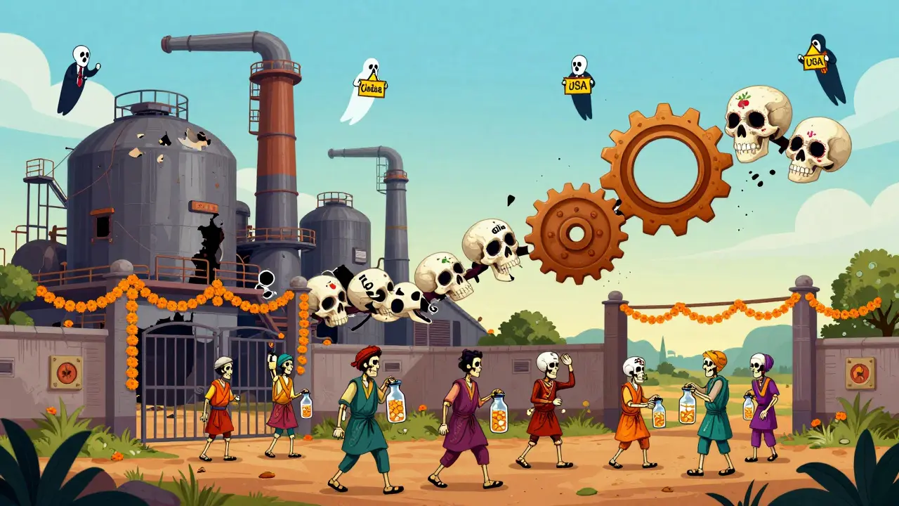 A crumbling overseas factory with skeletal workers and broken supply chain skulls, under ghostly FDA inspectors.