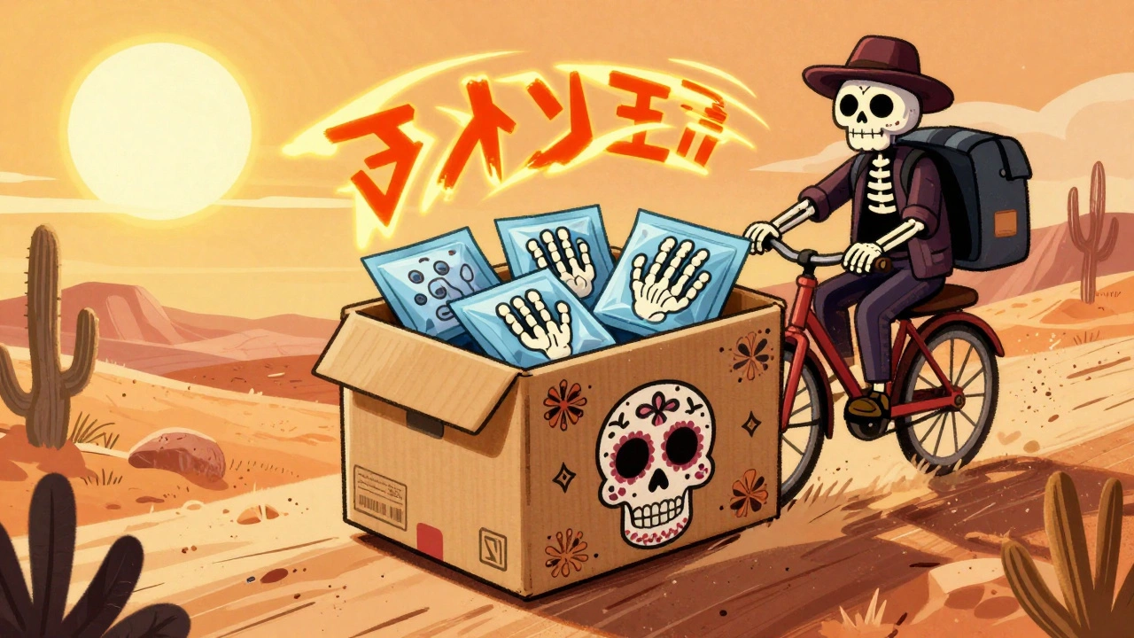 A decorated shipping box with cooling packs shaped like skeletal hands, being delivered across a desert under a hot sun.