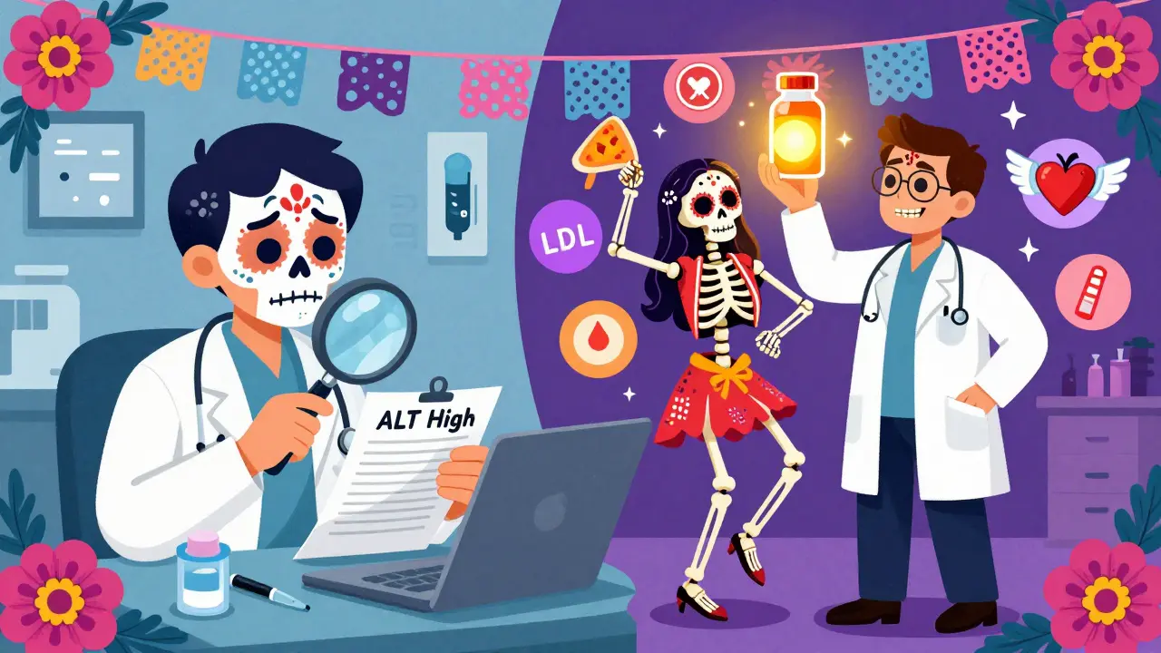 A divided clinic scene: one side fears high liver enzymes, the other celebrates statin use with a dancing skeleton patient and glowing health icons.