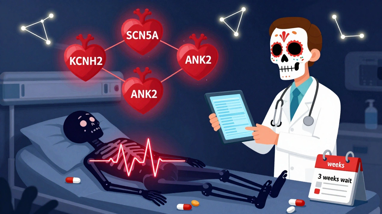 A doctor reviewing a genetic report as animated warning hearts float above a patient’s flickering heartbeat shadow.