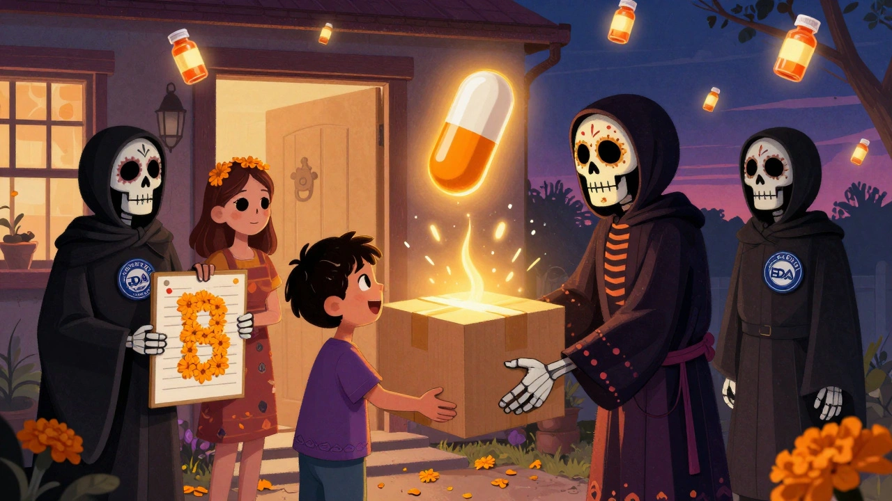 A family receives a protected medicine package watched over by skeletal guardians in Day of the Dead style, with glowing pills in the sky.