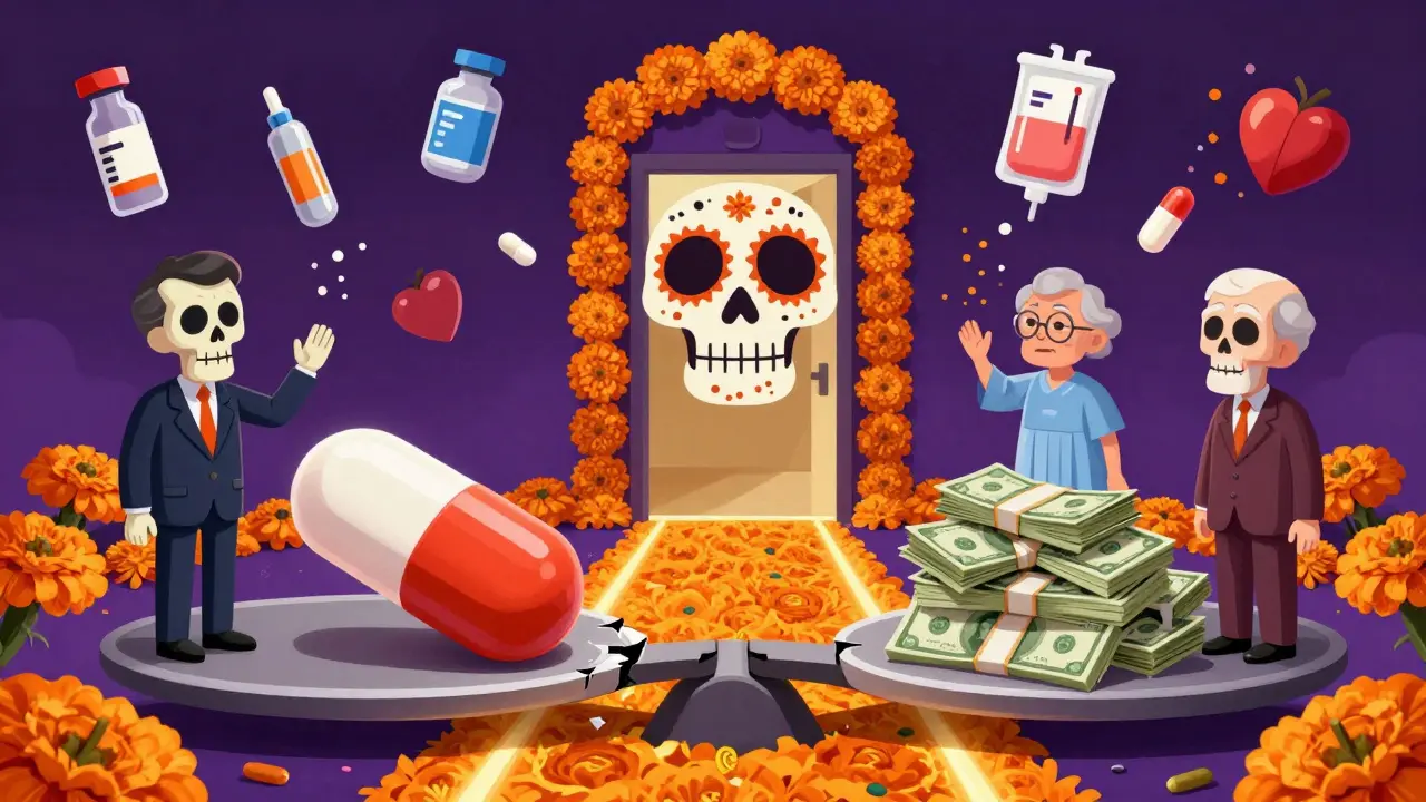A fractured scale balancing a pill against cash, with patients and CEOs in Day of the Dead aesthetic.