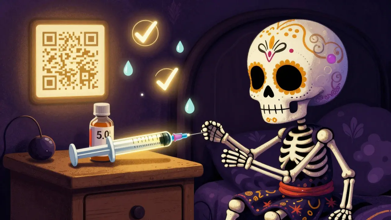 A glowing oral syringe on a nightstand beside a medicine bottle, with dreamlike milliliter icons and a QR code.