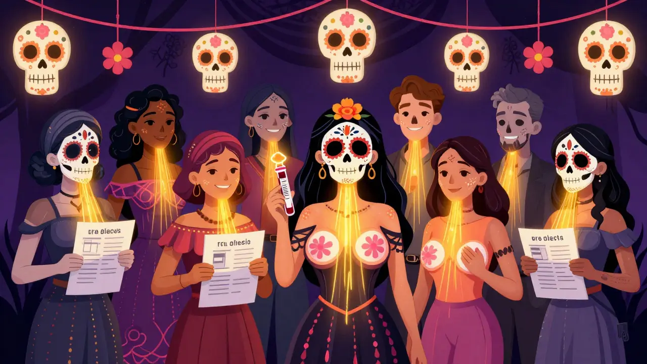 A group of diverse people under a canopy of glowing skulls, holding medical charts that turn into flowers, symbolizing hope and community in managing prolactin disorders.