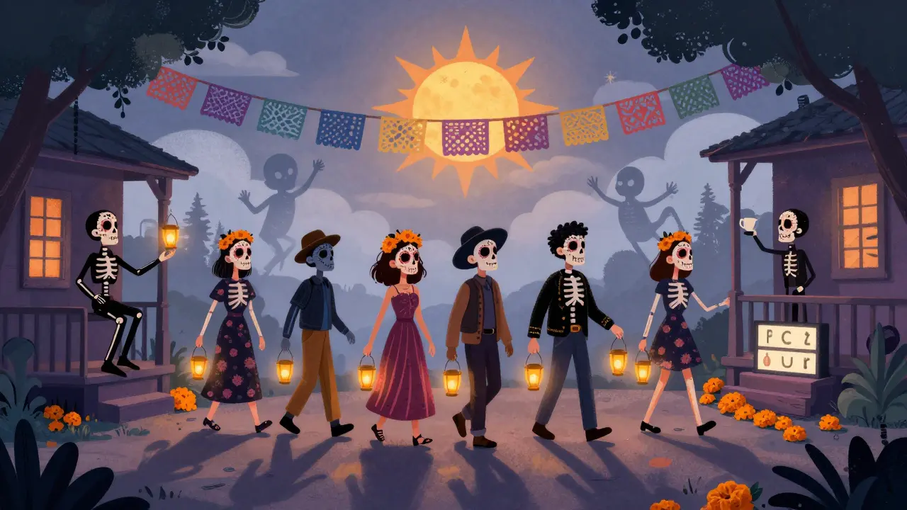 A group walks in morning light with sun lanterns, their shadows become joyful skeletons, marigold trails lead toward sunrise.