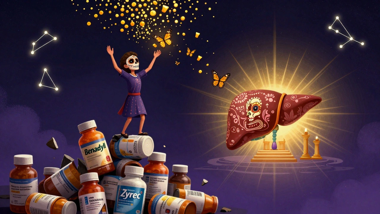 A patient stands on broken antihistamine bottles as golden particles turn into butterflies, with a liver altar in the sky, in Day of the Dead style.