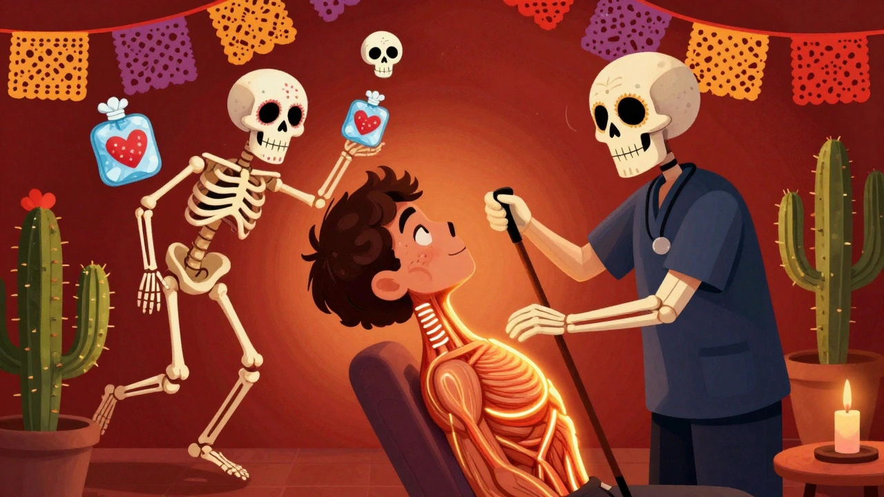 A person doing a chin tuck exercise guided by a smiling skeleton therapist, with ice packs and heat packs shaped like skulls and hearts in vibrant Day of the Dead colors.