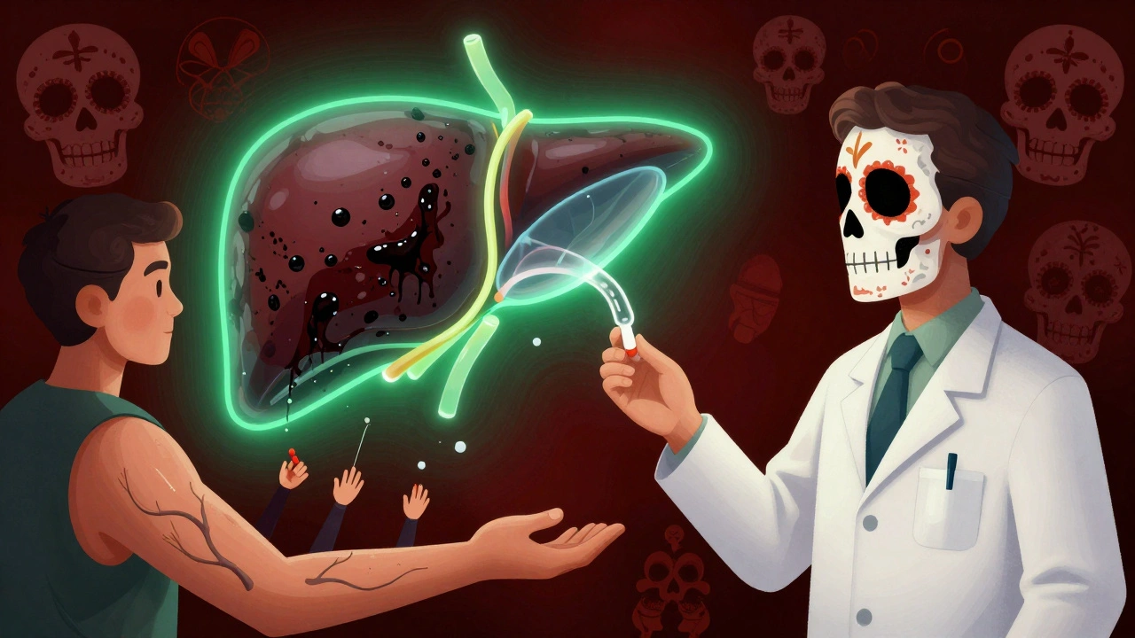 A pharmacist gives a pill to a patient as a glowing liver with clogged and clear bile ducts floats between them, in Day of the Dead style.