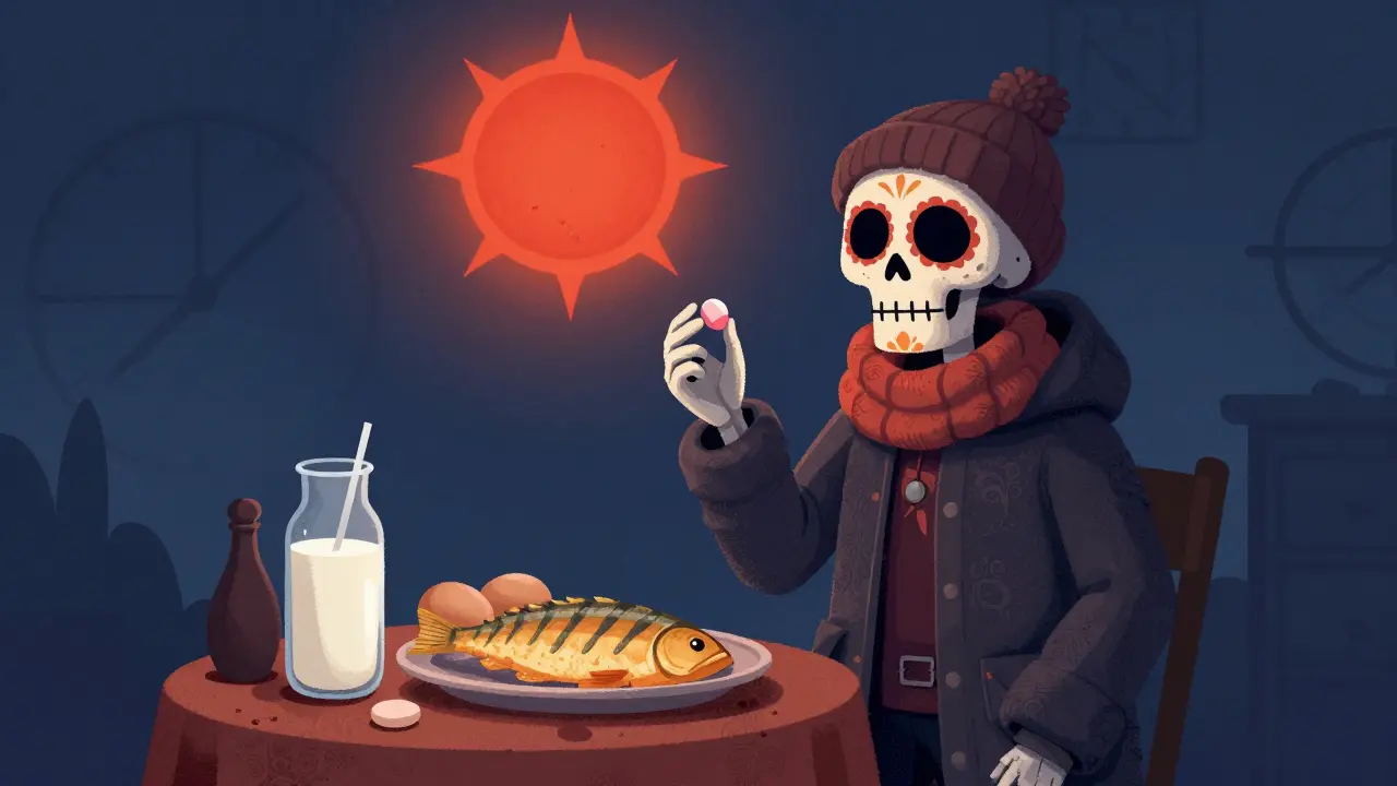A skeletal figure offers vitamin D as an altar offering with fish and eggs, glowing sun symbol above, winter colors in background.