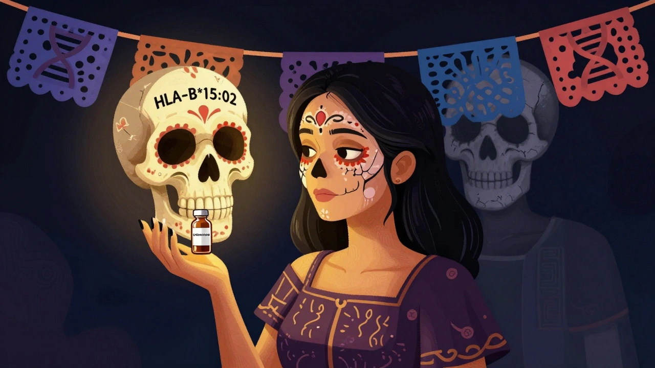 A woman with a protective skull spirit behind her, holding a medicine vial, while a peeling skull looms nearby.