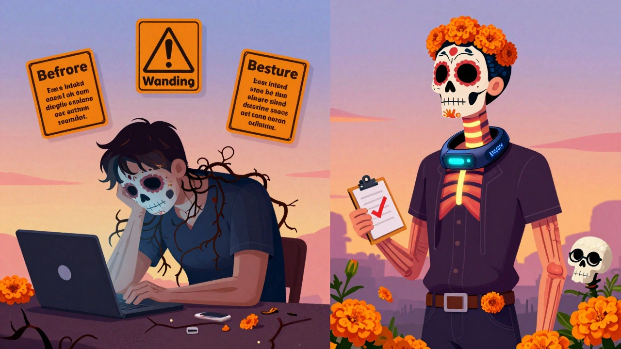 Before-and-after scene: left shows neck strain with dark vines, right shows healed posture with glowing muscles and a glowing wearable device, all in Day of the Dead artistic style.