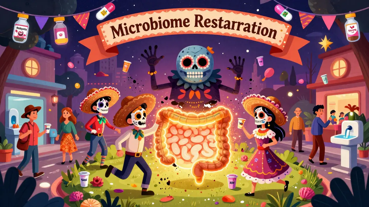 Celebratory microbiome carnival with dancing probiotics, defeated C. diff monster crumbling, patients holding yogurt, Vowst and Rebyota as festive ornaments.