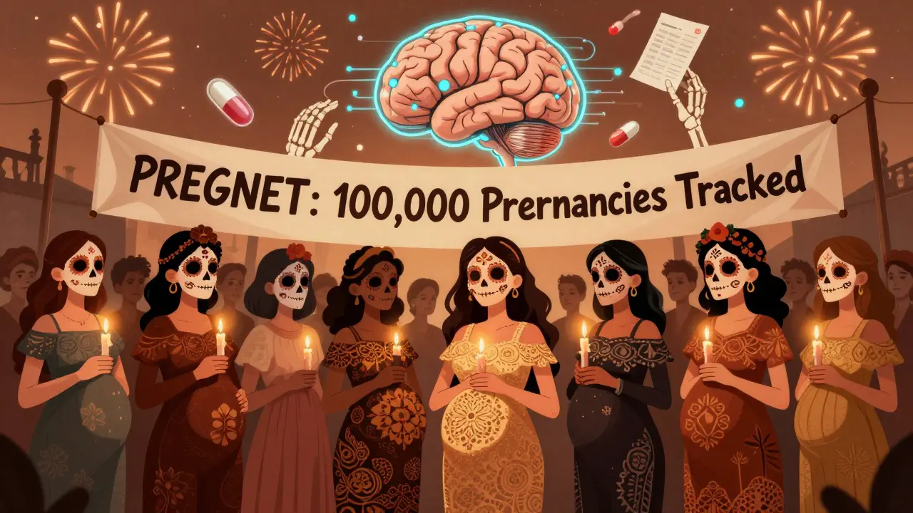 Diverse pregnant women holding pill-shaped candles under a PREGNET banner, with an AI brain and folic acid fireworks in the sky.