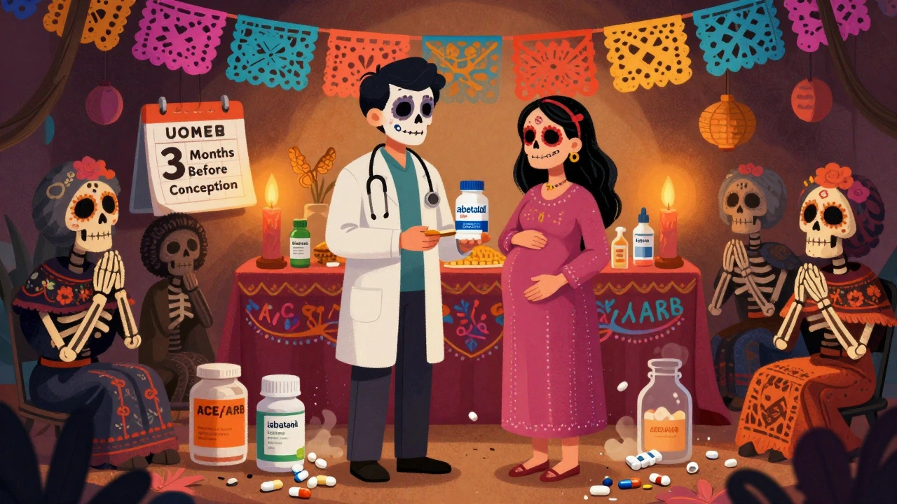 Doctor and patient at an altar of safe pregnancy medications, with discarded pills turning to dust.