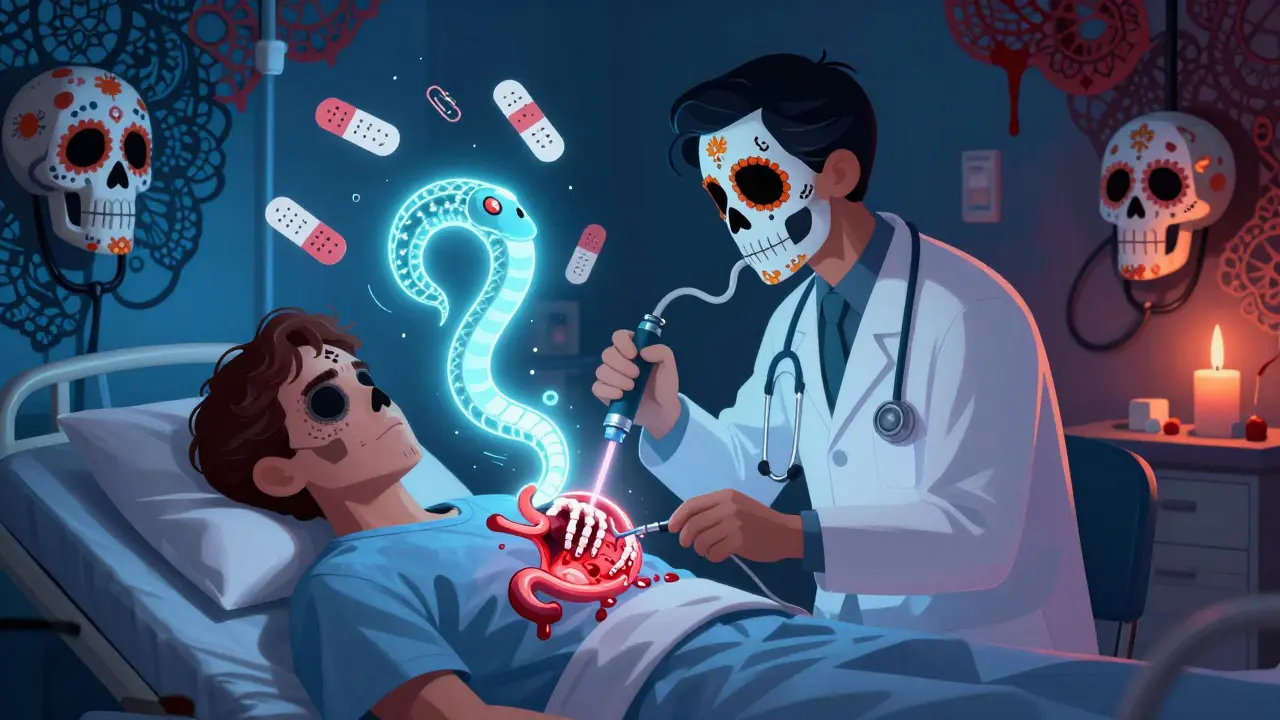 Doctor performing endoscopy on a patient, with a glowing endoscope revealing a skeletal ulcer and floating medical tools.